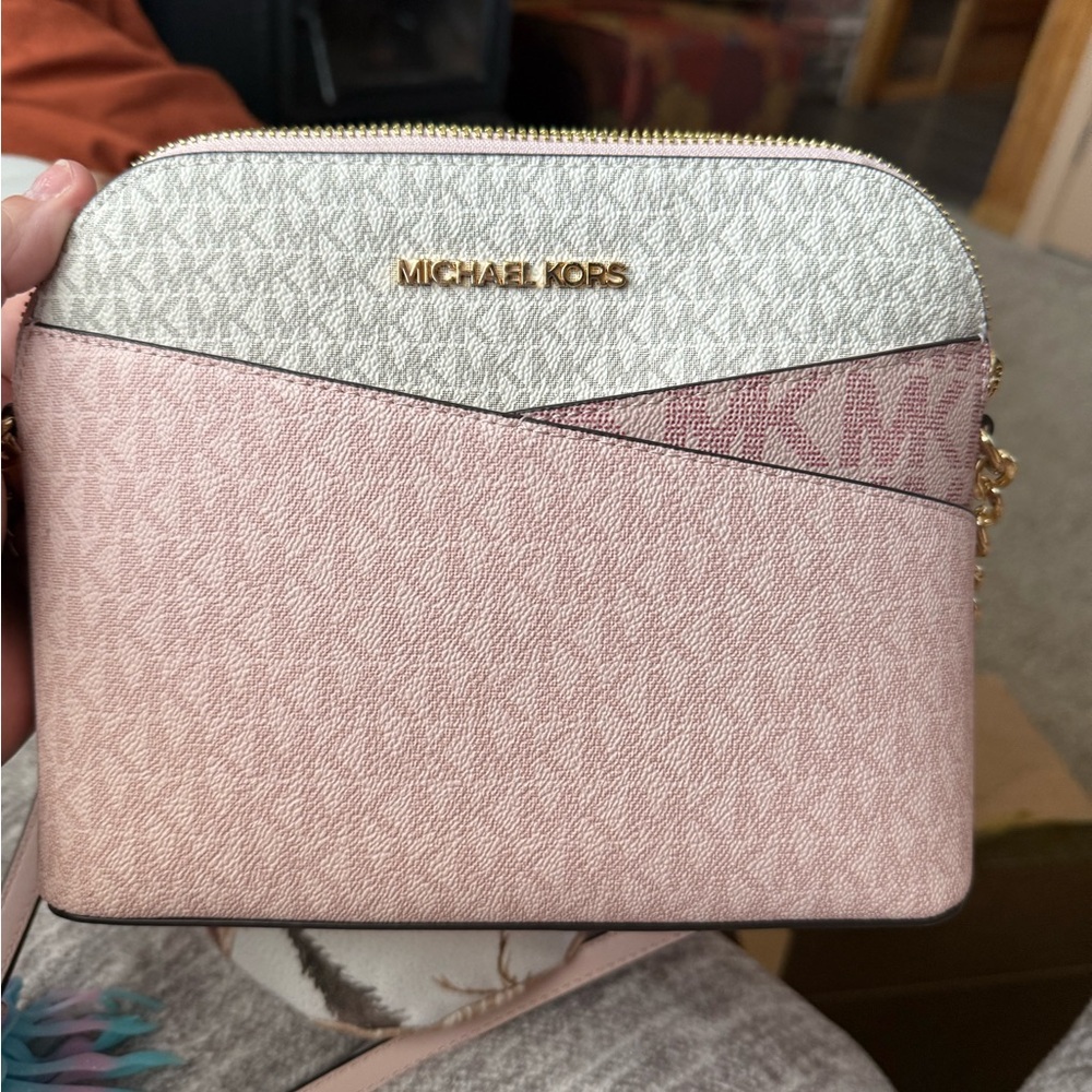 Michael Kors Pink and Cream Crossbody Bag with Monogram Design